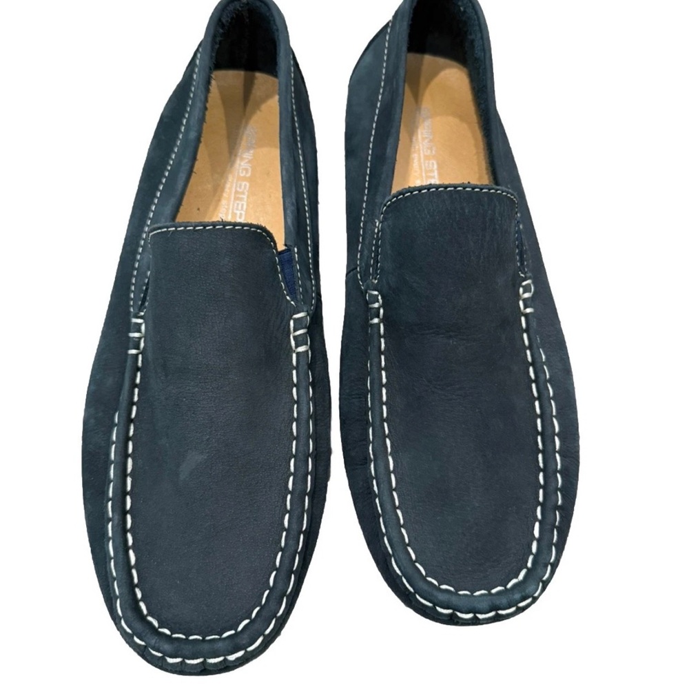Spring Step Navy Suede Slip-On Loafers with White Stitching
